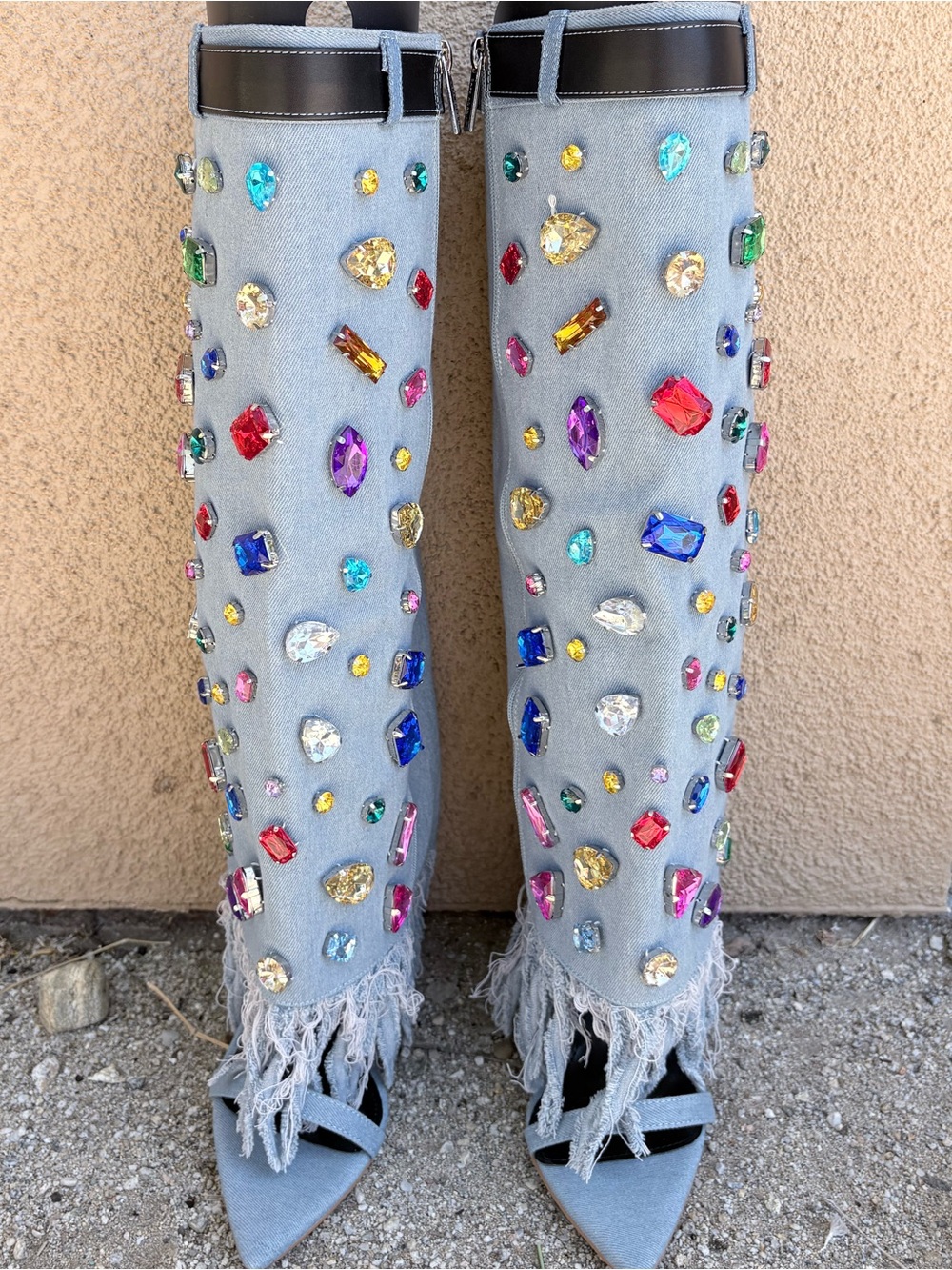 New! Cape Robbin Jewel Jean “Shark”Boots Denim Fringe Rhinestone Size 8.5